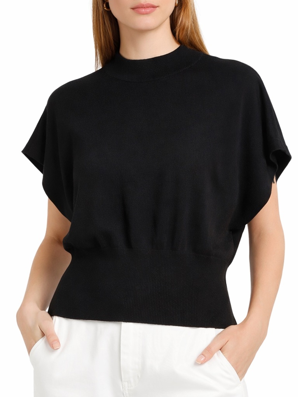 Open Edit Black Short Sleeve Knit Top Minimalist Modern Size XL